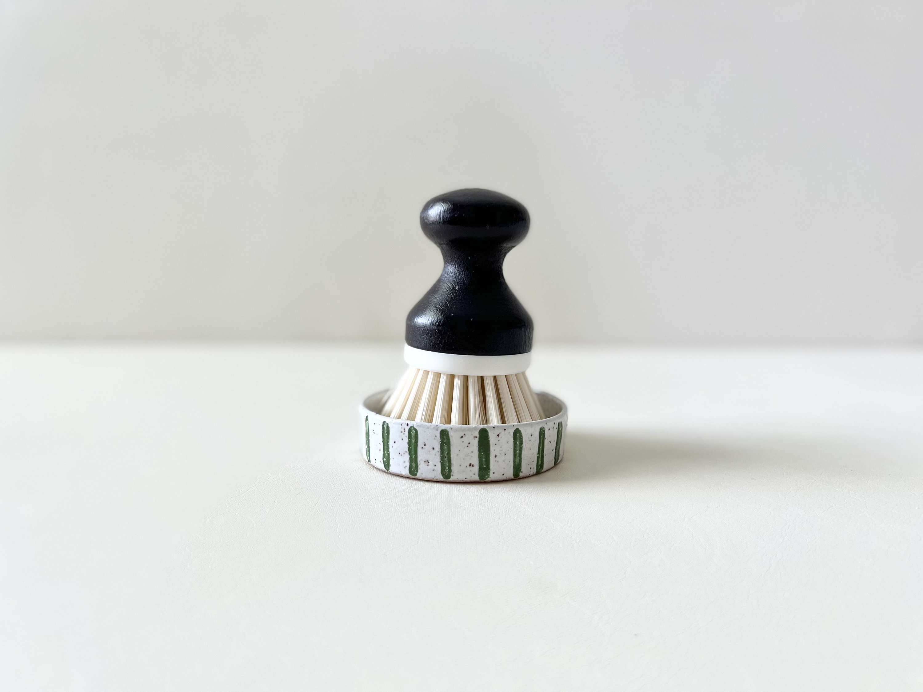 Dish Brush Holder - Stoneware - Green Stripes