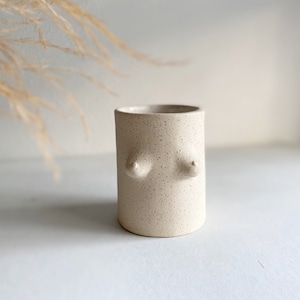 May include: A speckled white ceramic planter with a unique design featuring two raised bumps on the front.