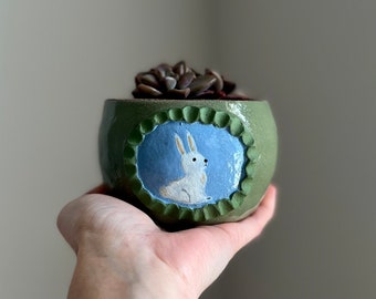 Stoneware Succulent Planter - Bunny - Olive Green