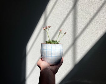 Plaid Ceramic Planter - Stoneware - Wedgewood Blue