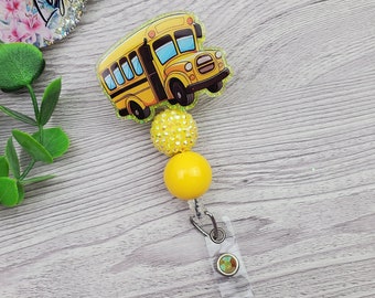 School Bus Badge Reel, Glitter Badge Reel, School Bus Driver, Teacher, Nurse, ID Holder, Name Tag