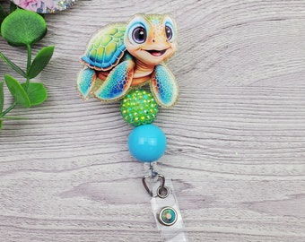 Sea Turtle Badge Reel, Glitter Badge Reel, Green Sea Turtle, Teacher, Nurse, ID Holder, Name Tag