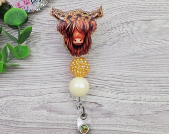 Highland Cow Badge Reel, Glitter Badge Reel, Sunflower Highland Cow, Teacher, Nurse, ID Holder, Name Tag