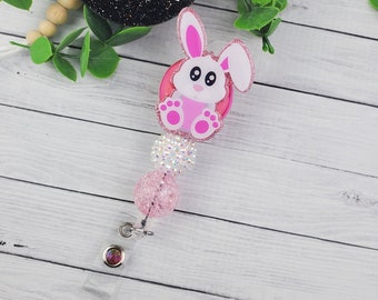 Bunny Badge Reel, Glitter, Teacher, Nurse, Easter, Spring