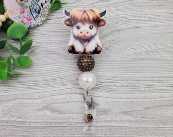 Baby Highland Cow Badge Reel, Glitter Badge Reel, Cute Highland Calf, Teacher, Nurse, ID Holder, Name Tag, Teacher Gift