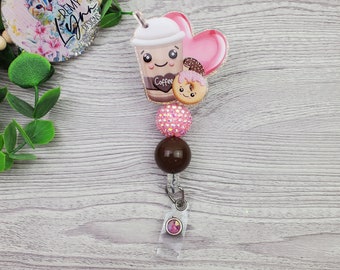 Coffee and Donuts Badge Reel, Glitter Badge Reel, Coffee and Donuts, Teacher, Nurse, ID Holder, Name Tag, Teacher Gift, Valentines Day