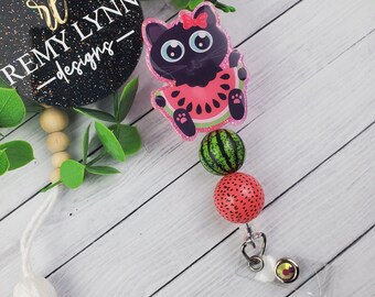 Glitter Badge Reel - Cat Watermelon Badge Reel, Nurse Badge Reel, Badge Holder, Bead Badge Holder, Cat Mom,  Cat ID holder, Watermelon