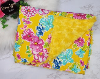 Floral Baby Blanket, Yellow Baby Blanket, Minky and Floral Infant Throw Blanket