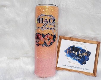 Glitter Tumbler, Chaos Coordinator Floral Vinyl and Glitter Epoxy Tumbler, 30oz Skinny Vacuum Sealed Stainless Steel Tumbler