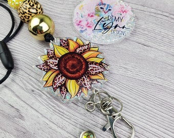 Lanyard Sunflower Leopard Acrylic Glitter Badge Key Holder