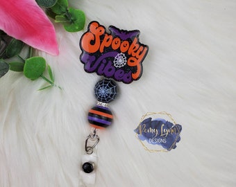 Glitter Badge Reel - Spooky Vibes Badge Reel, Nurse Badge Reel, Badge Holder, Beaded, Halloween Badge Holder