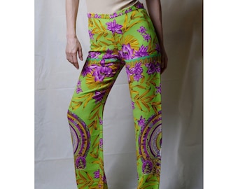 Vintage Gianni Versace Couture pants, 90s Versace Silk Buddha Baroque Tropical Floral Pants, Designer clothes, Green pants, Archive clothing