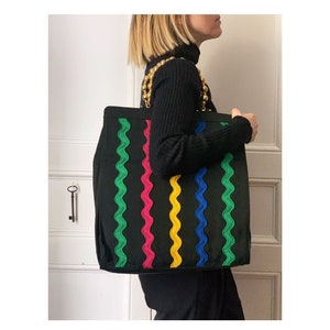 Moschino by Redwall bag, 80s Moschino tote bag, Rare Moschino handbag, Black multicolores ribbon trim bag, Designer bag, Fashion collector