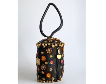 DOCUMENTED Moschino 1991 handbag, 90s runway handbag, multicolor blossom appliquéd bag, archival fashion bag, rare flower cylinder handbag