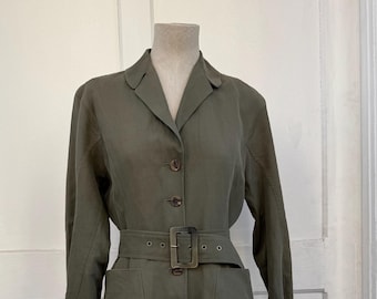 1980s Jil Sander khaki military green dress, Vintage Jil Sander army dress, Fashion designer belted midi dress, Size Small XS