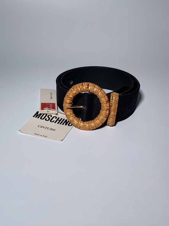 90s Moschino black belt, bamboo buckle belt, Moschino by Redwall belt, Moschino classic belt, Cinturón Moschino negro, Hebilla redonda bambú