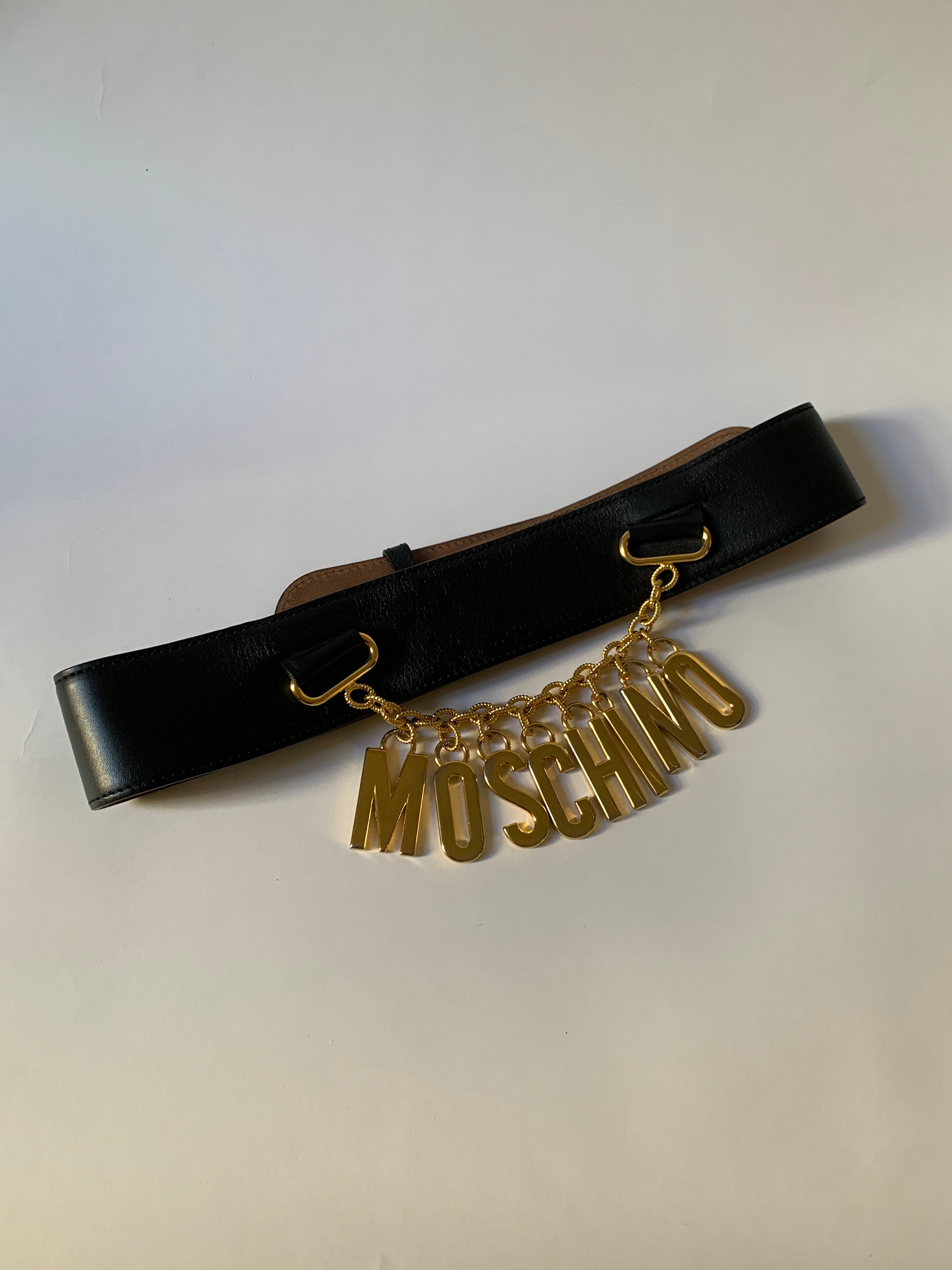 80s Moschino Redwall Belt, Wide Black Leather Belt, Gold  display picture 2