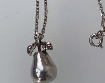 Vintage Sterling Silver Pear Pendant Necklace - Fruit Solid Silver Jewelry - Srerling Pear Choker Necklace