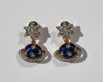 90s Cosmic star and planet clip earrings, Blue planet earrings, Celestial jewelry, Night sky earrings, Astronomical earrings, New old stock