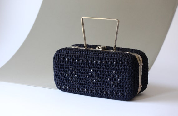 60s navy blue crochet handbag / dark blue structur