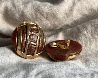 90s Guy Laroche earrings, French designer earrings, Oxblood ball earrings, Burgundy semi sphere resin earrings, Marsala gold earrings 1990