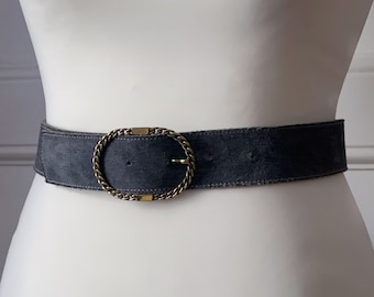 1990s grey suede belt, Classic belt vintage, Oval shaped woven metal buckle belt, XS S size