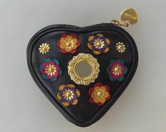 DOCUMENTED Moschino 1991 heart pouch, Rare Franco Moschino coin purse, Spring/Summer 1991 multicolor flower applique heart shaped wallet