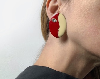 1980s Lancetti oval earrings, Abstract face design clip earrings, Sculptural cherry red and ecru enamel earrings, Avant garde jewelry