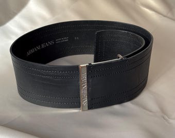 Armani Jeans black wide belt, Designer belts for women, Y2K wide black leather belt