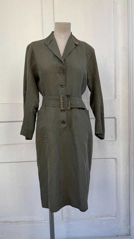 Jil Sander, 90s Jil Sander military green dress, Vintage Jil Sander khaki army dress, Fashion Designer belted midi dress, Size Small XS