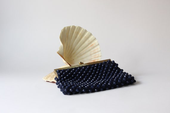 60s dark blue beaded purse / navy blue beads mini