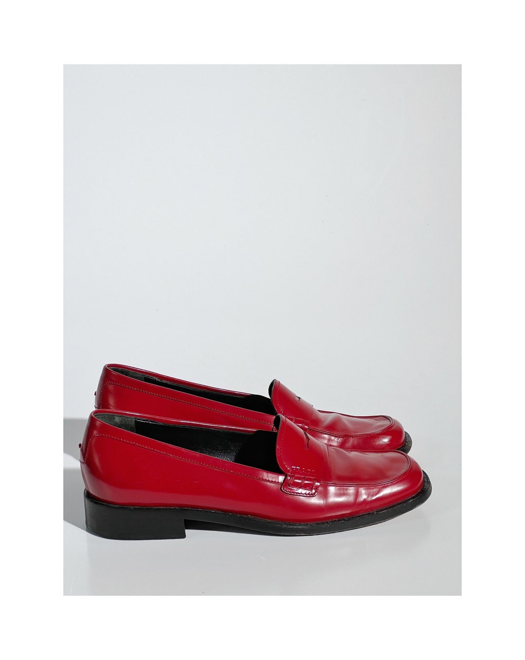 90s Prada Red Loafers, Y2K Prada Shoes, Red Leather Prada Loafers
