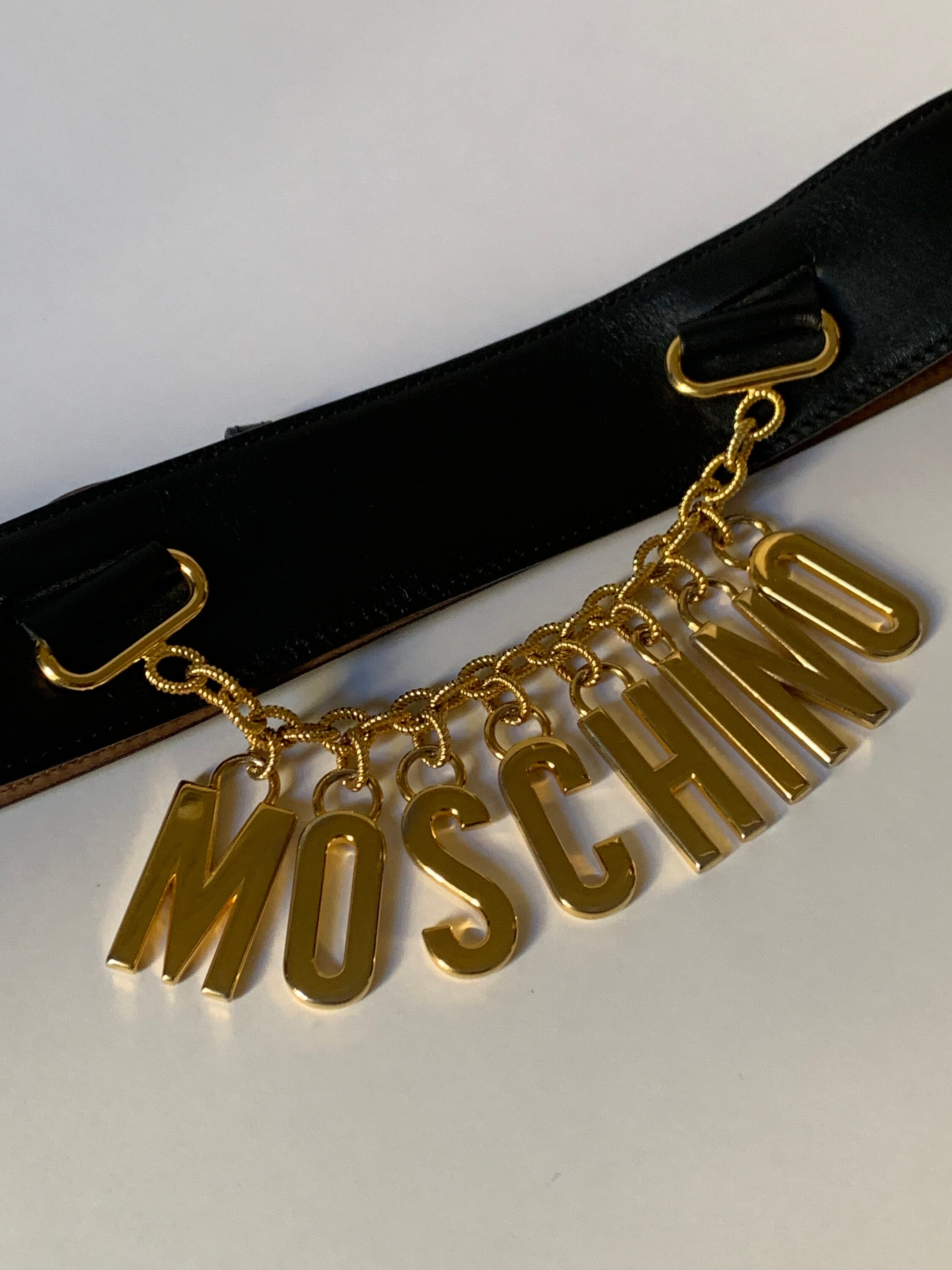 80s Moschino Redwall Belt, Wide Black Leather Belt, Gold