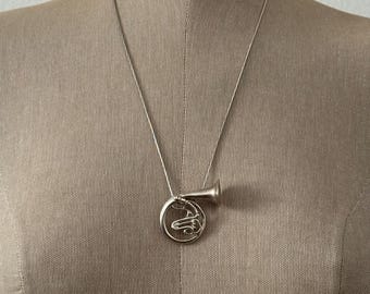 Sterling Silver French Horn Necklace - Vintage 925 Silver Music Pendant