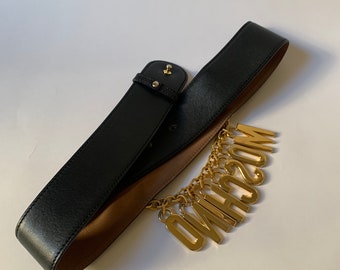 80s Moschino Redwall Belt, Wide Black Leather Belt, Gold  display picture 1