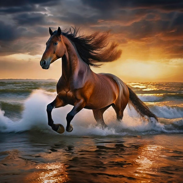 Cleveland Bay horse at beach Sunrise