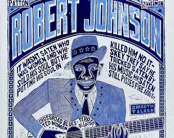 ROBERT JOHNSON World's Greatest Bluesman Handprinted Woodblock Poster - BLUE