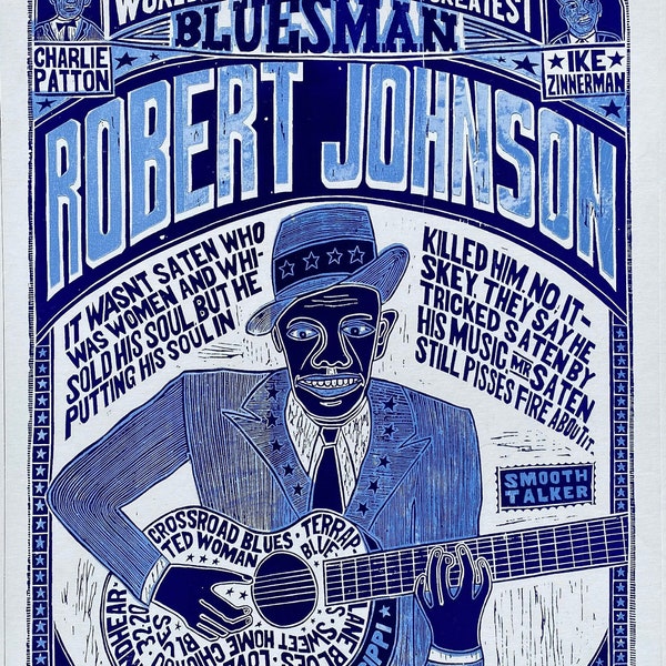 ROBERT JOHNSON World's Greatest Bluesman Handprinted Woodblock Poster - BLUE