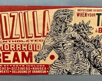3-Sheet woodblock print  Godzilla Hemorrhoid Cream