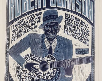ROBERT JOHNSON World's Greatest Bluesman Handprinted Woodblock Poster - BLUE