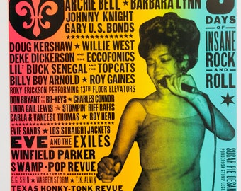 May include: A vintage concert poster for the Ponderosa Stomp music festival in New Orleans, Louisiana. The poster features a colorful gradient background with a black and white photo of a woman singing into a microphone. The poster lists the dates of the festival as October 5-7, 2017, and features a list of musical acts performing at the festival, including The Mummies, The Gories, Archie Bell, Barbara Lynn, Johnny Knight, Gary U.S. Bonds, Doug Kershaw, Willie West, Deke Dickerson, The Eccofonics, Lil' Buck Senegal, The Topcats, Billy Boy Arnold, Roy Gaines, Roky Erickson, Don Bryant, The Bo-Keys, Charles Connor, Linda Gail Lewis,  Stompin' Riff Raffs, Carla & Vaneese Thomas, Roy Head, Evie Sands, Los Straight Jackets, Eve & The Exiles, Winfield Parker, Swamp-Pop Revue, G.G. Shin, Warren Storm, T.K. Alvin, Texas Honky-Tonk Revue, Frankie Miller, Darrell McCall, and James Hand.