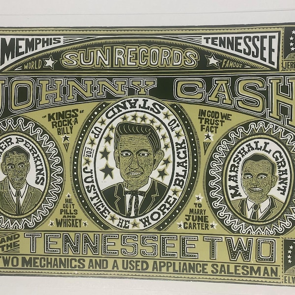 2022 EDITION - JOHNNY CASH and the Tennessee Two Handprinted Woodblock Poster