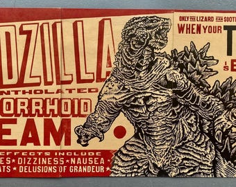 3-Sheet woodblock print  Godzilla Hemorrhoid Cream
