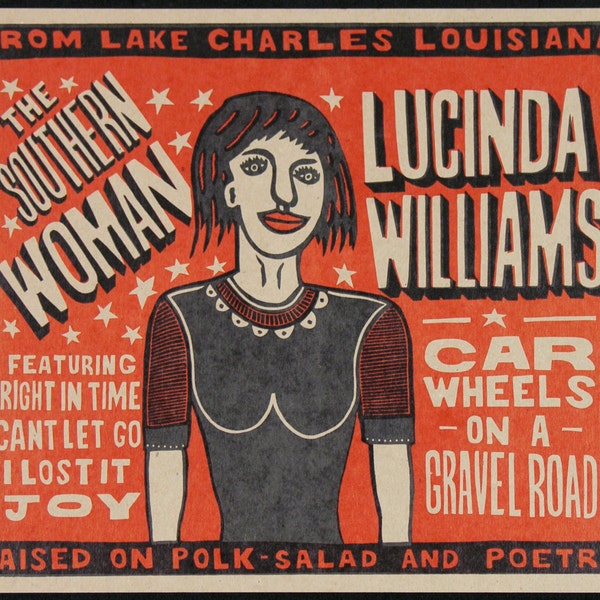 LUCINDA WILLIAMS- Car Wheels on a Gravel Road Hand Printed Woodblock Poster