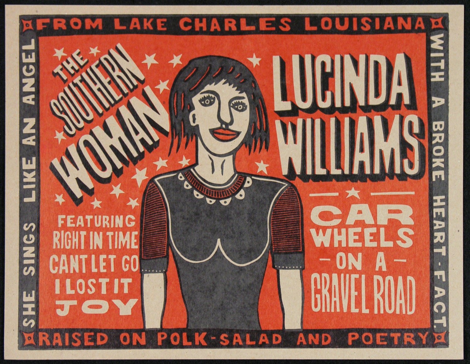 LUCINDA WILLIAMS- Car Wheels on a Gravel Road Hand Printed Woodblock Poster