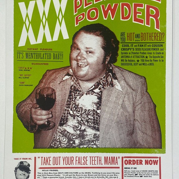 COUSIN CRISPY'S XXX Pleasure Powder Hand Printed Letterpress Poster