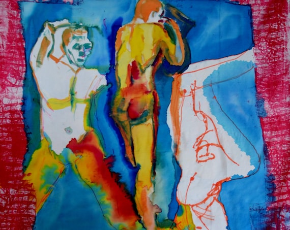 silk scarf or wall hanging, original figure painting painted on silk using dye. Males figures with a bright red border.