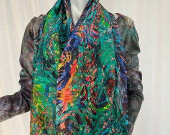 Long Silk Scarf, Patterned, Colorful, Original Art, statement piece