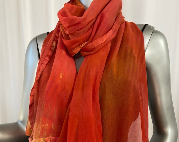 silk scarf or shoulder wrap, chiffon and charmeuse silk border, red orange and gold