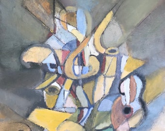 Abstract Oil Painting, cubism, grays and yellows, music influence